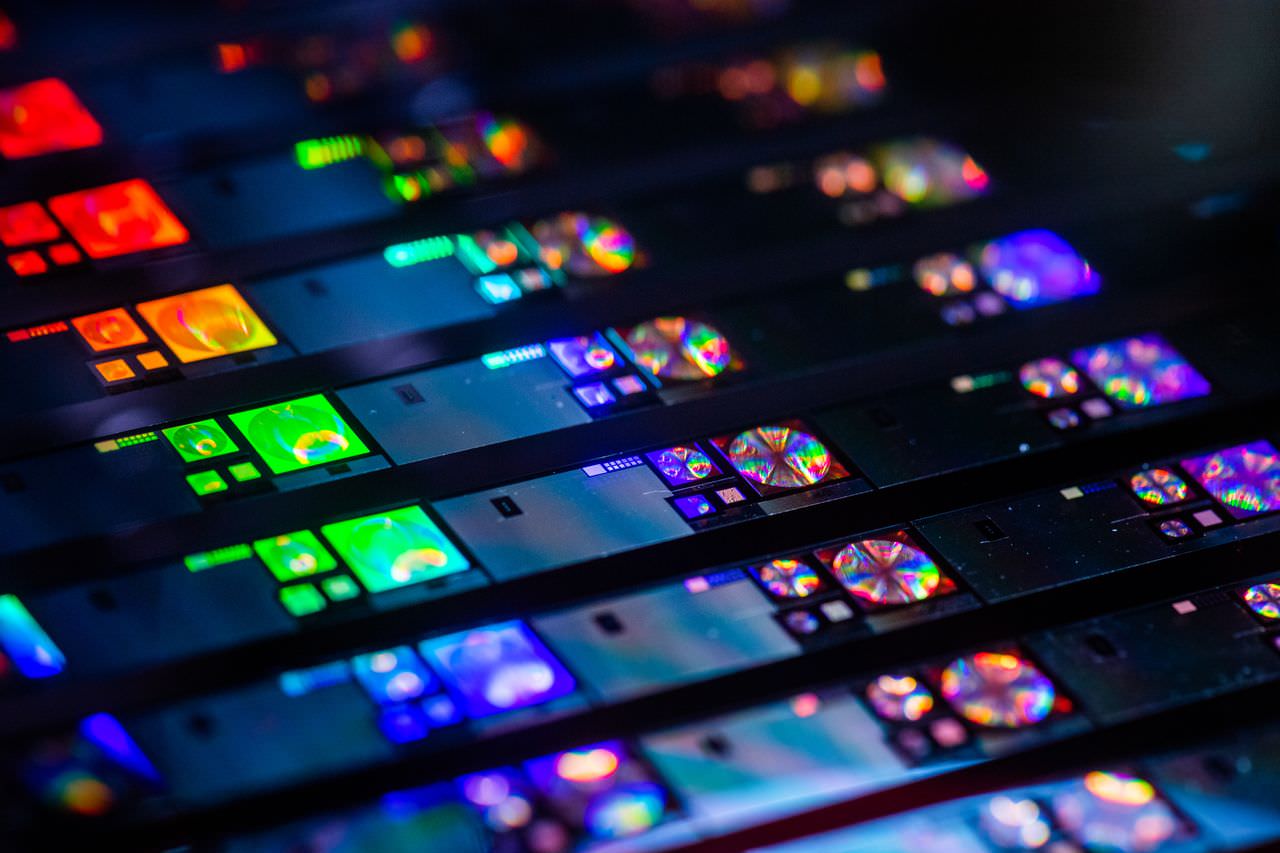 Close-up view of Metalenz chips on a silicon wafer